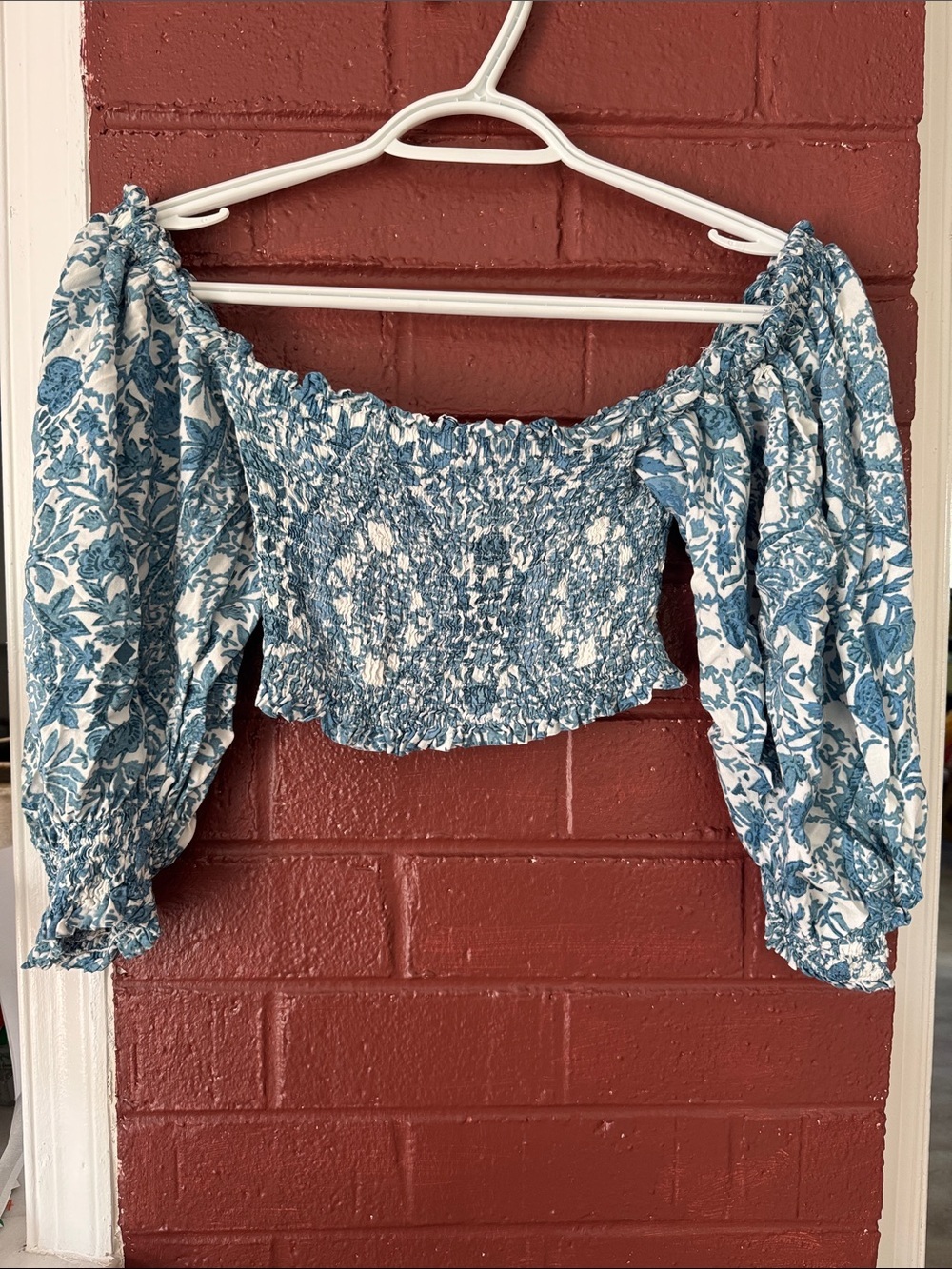 Olivaceous Blue Floral Smocked Off-Shoulder Crop Top